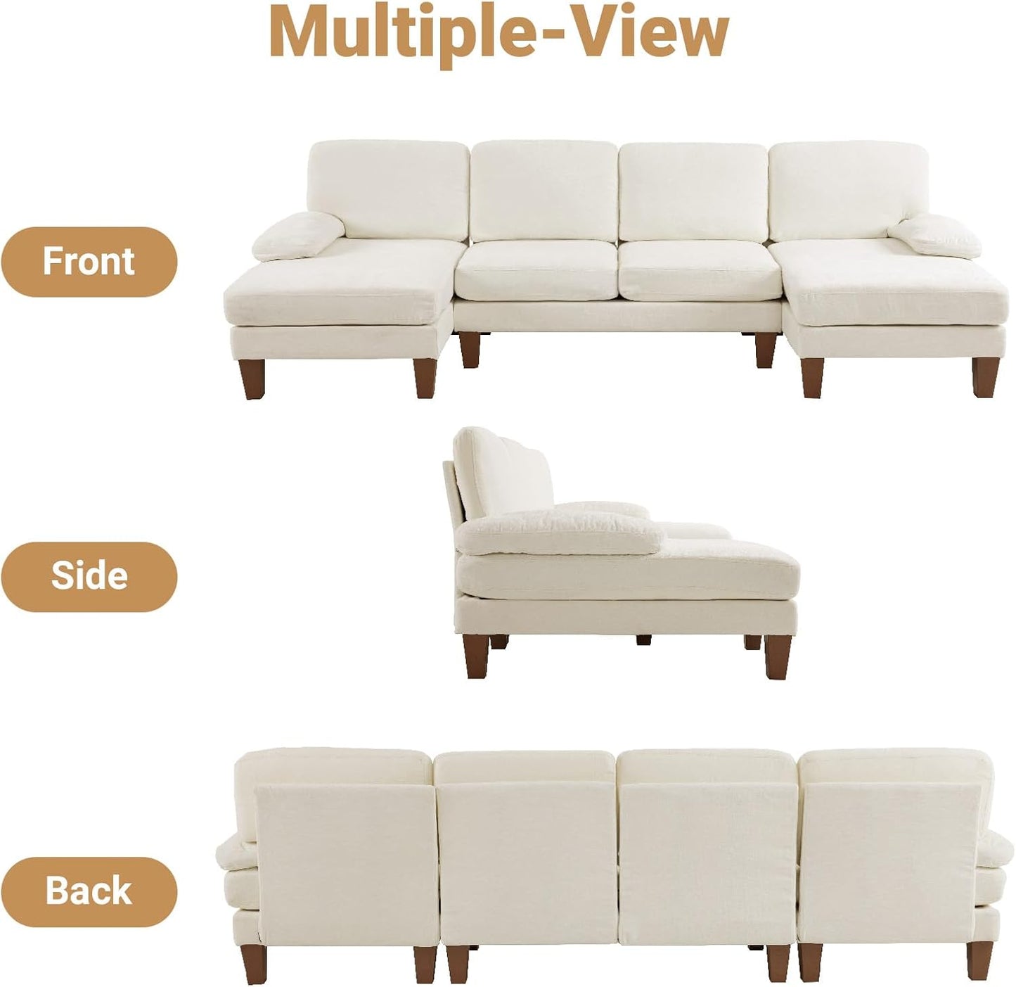 VINGLI 110" Sectional Couches for Living Room,U Shaped Couch with Double Chaise, 4-Seat Sofa Set with Chenille Fabric for Home Furniture,Beige