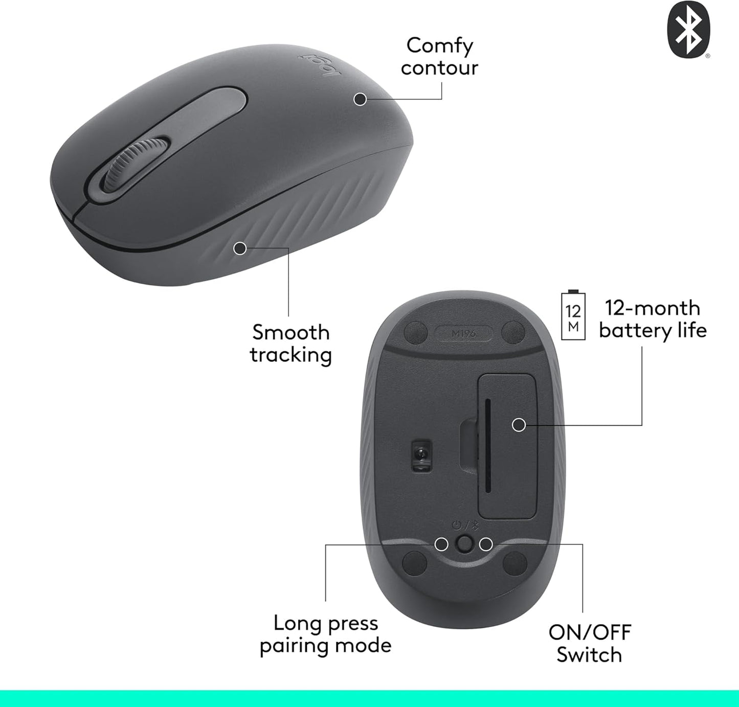 Logitech M196 Bluetooth Wireless Mouse, Compact and Portable Mouse for Laptops, Tablets and More, 12-Month Battery, Smooth Tracking, Compatible with PC and Mac, Windows and macOS - Graphite