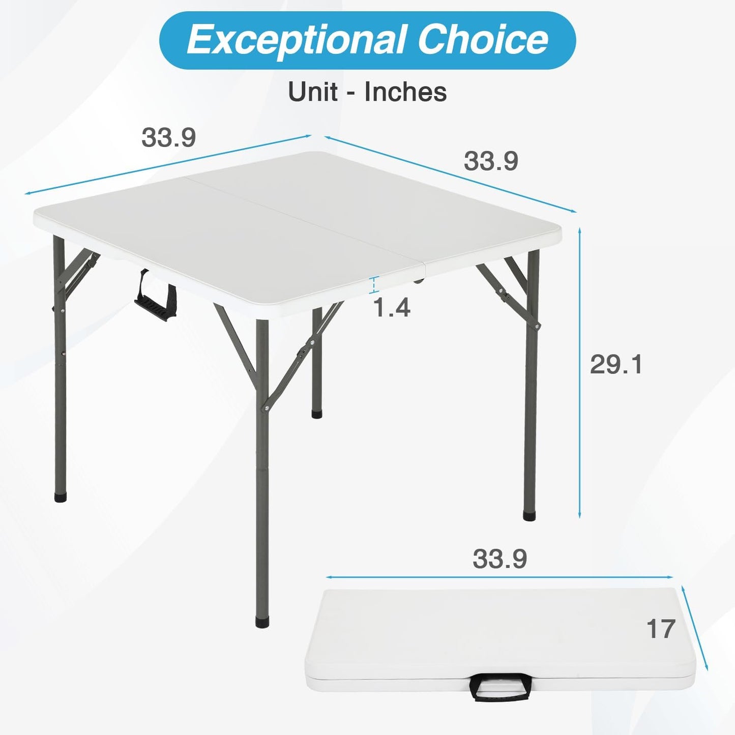 FDW 34" Folding Card Table Plastic Table Portable Square Height Dining Table Perfect for Party and Parties Backyard Events, White