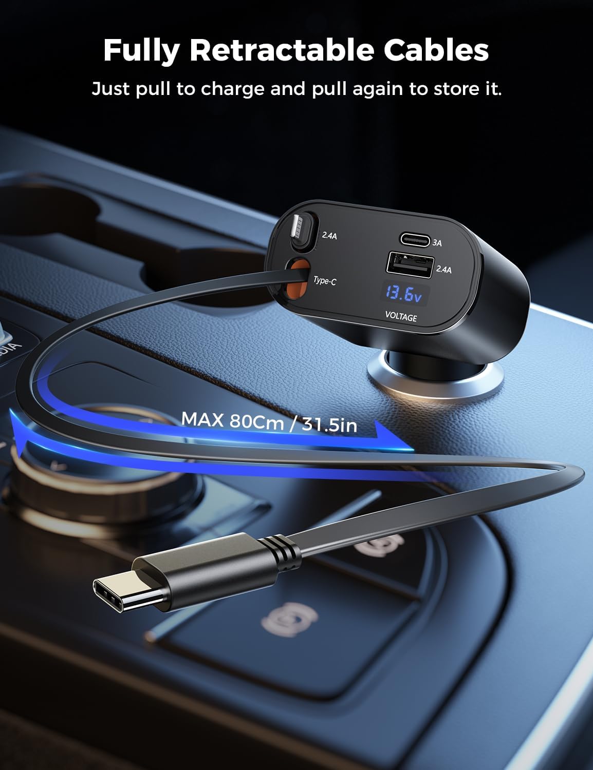 SUPERONE Retractable Car Charger for iPhone with Dual Type C Cables, 4 in 1 USB C Car Charger Adapter with PD 60W Fast Charging Compatible with iPhone 17 16 15 14 13 12 11 Pro/XS/XR/SE/iPad/Airpods