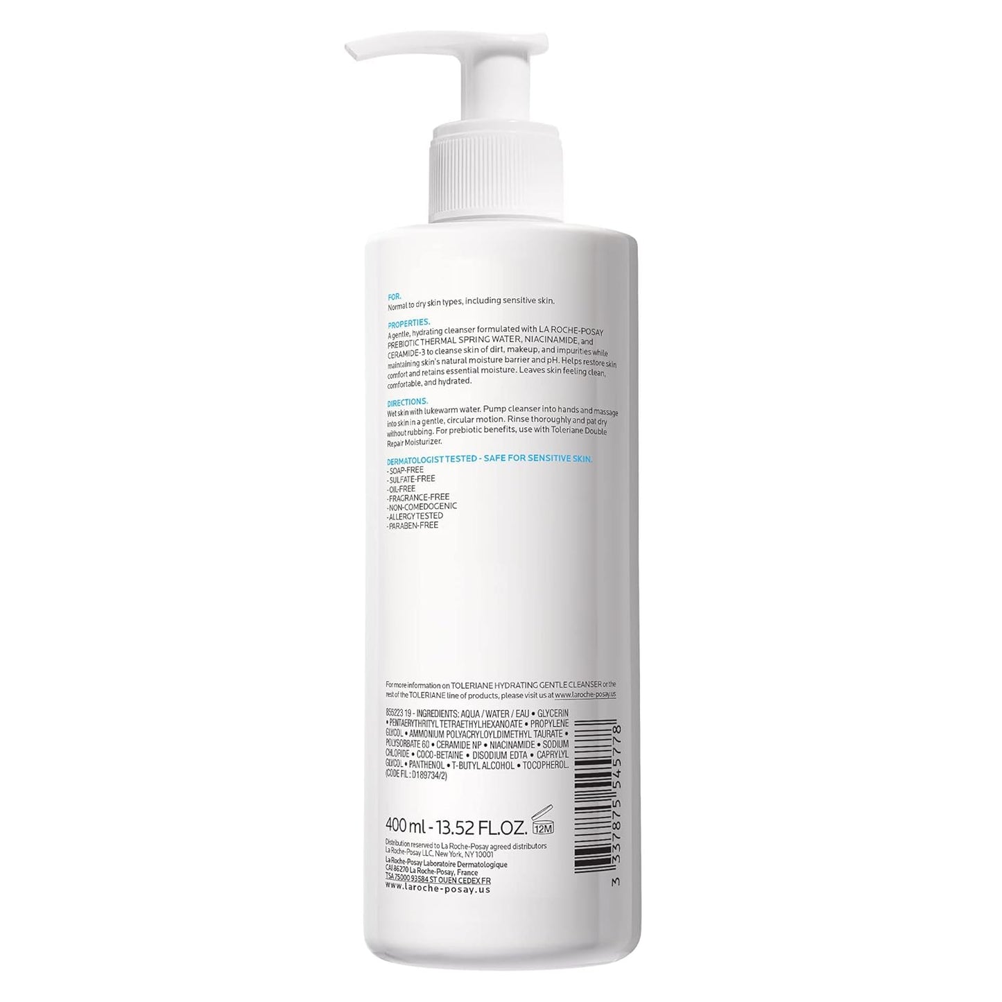 La Roche-Posay Toleriane Hydrating Gentle Face Cleanser, Hydrating Facial Cleanser With Niacinamide + Ceramides, Daily Face Wash For Dry Skin To Normal Skin, Sensitive Skin Tested, Fragrance Free