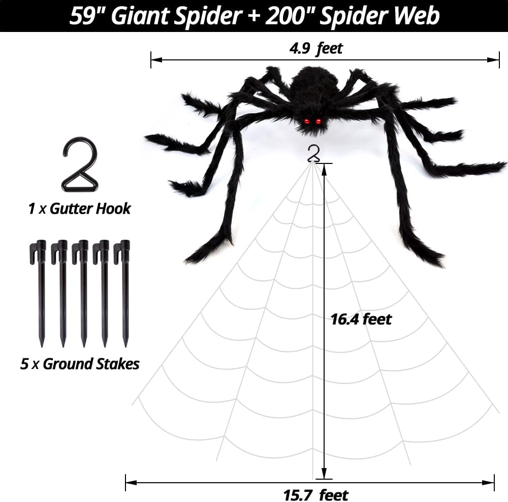 200" Halloween Spider Web + 59" Giant Spider Decorations Fake Spiders with Triangular Huge Spiders Web for Indoor Outdoor Halloween Decorations Yard Home Costumes Parties Haunted House Décor