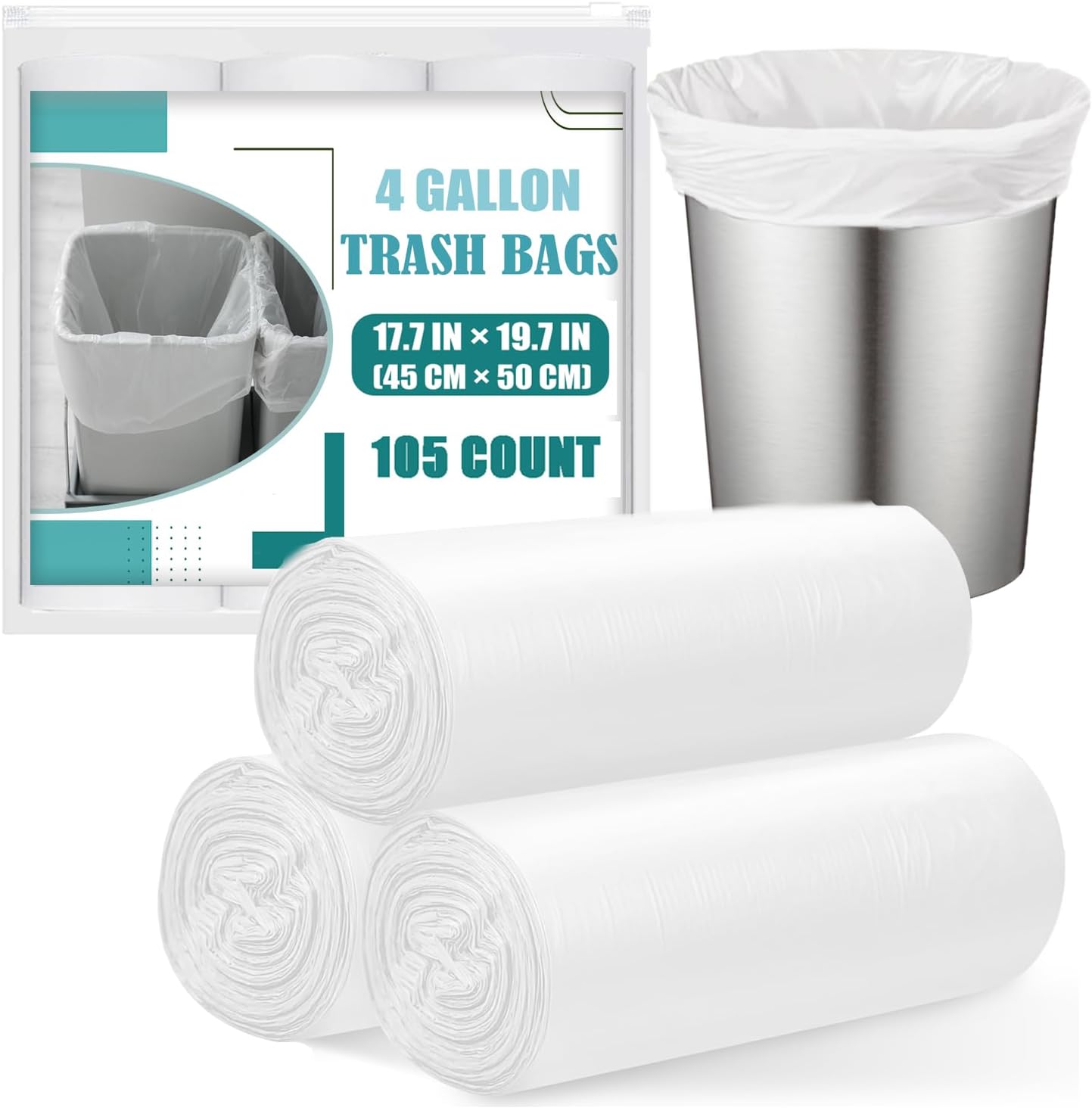 Small Trash Bags 4 Gallon - 105 Count 4 Gallon Trash Bag, Unscented Small Garbage Bags Bathroom Trash Bags, White 4 Gal Small Trash Can Liners