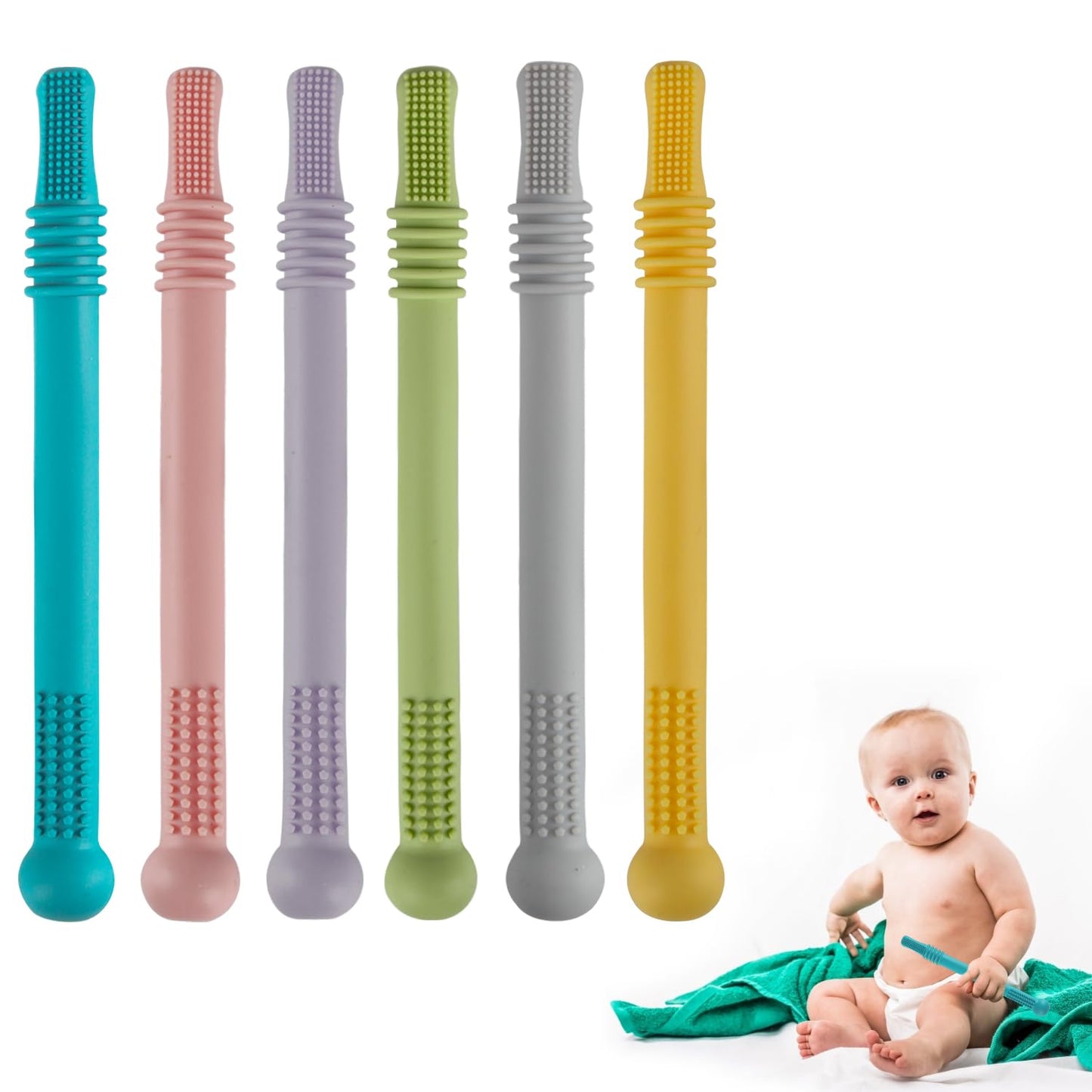 Fu Store Hollow Teether Tube Chew Straw Sensory Toy for Infant Toddlers Silicone Tubes Teething Toys for Babies 18-36 Months Gifts Learning Developmental Toys BPA Free Freezable 6 Pack