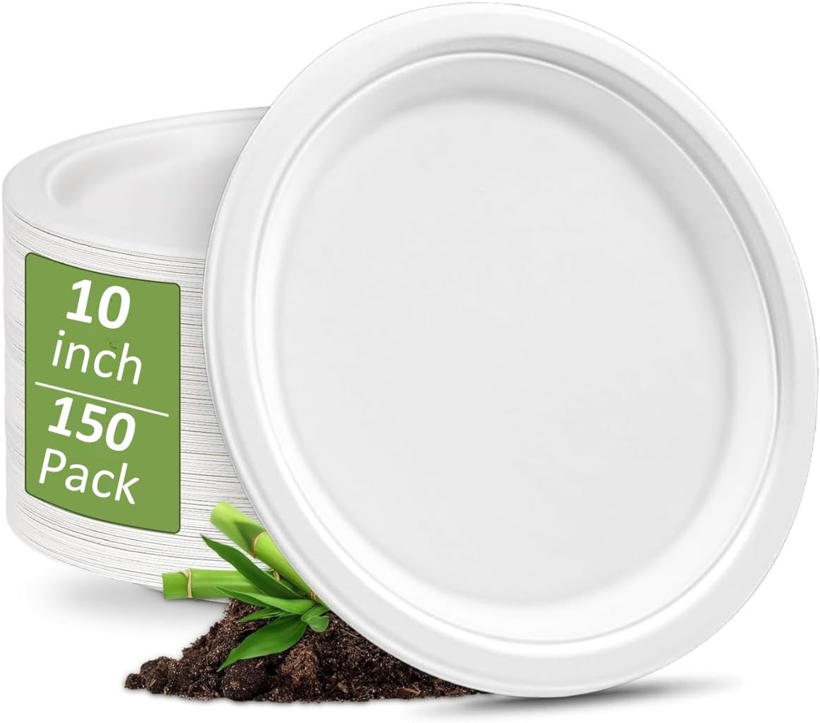 100% Compostable 5X Stronger Round 9-Inch 125 Count & 10-Inch 150Count Paper Plates| Disposable Biodegradable Bagasse Microwave-Safe, Soak-Proof, Cut & Leak Resistant Plates For Everyday Meals BBQs & Parties