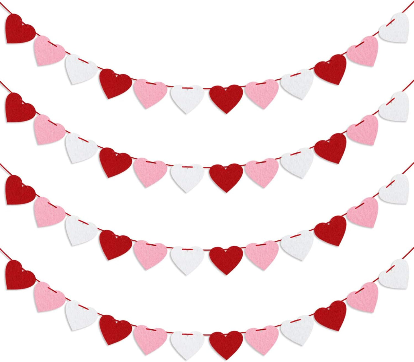 Felt Heart Garland Banner, Pre-Strung | Valentines Decorations | Red Pink White Valentines Banner | Anniversary Wedding Birthday Party Decorations | Outdoor Home Hanging Valentine's Day Decor