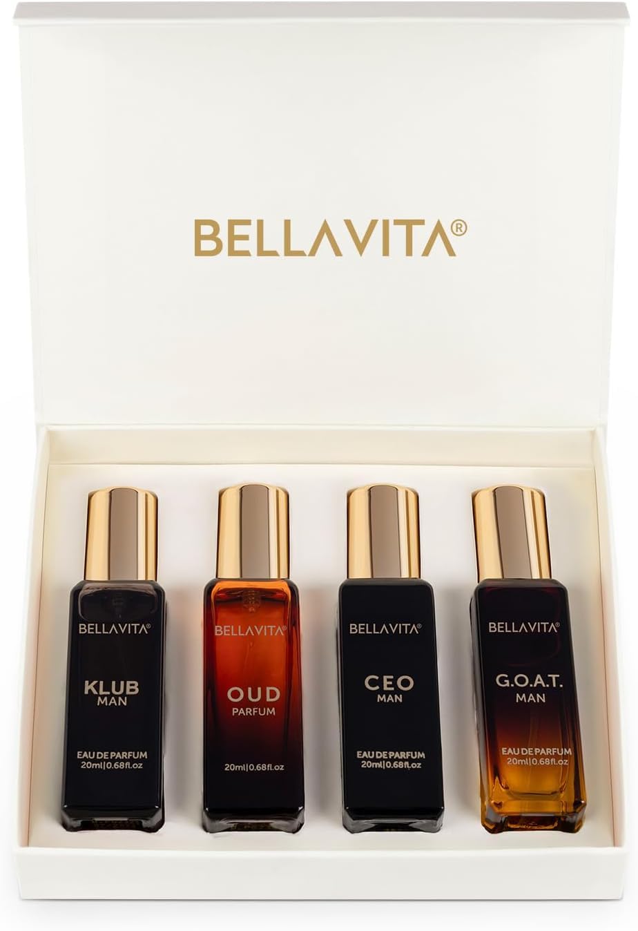 BellaVita Luxury Perfume Gift Set for Men (4 x 20ml) – Perfect Father’s Day Gifts for Dad & Husband | Includes KLUB, OUD, CEO & GOAT | Premium Masculine Woody, Citrusy & Aromatic Fragrances
