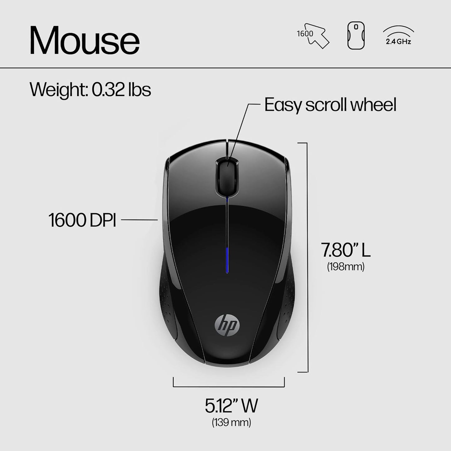 HP X3000 G3 Wireless Mouse - Black, 15-Month Battery, Side Grips for Control, Travel-Friendly, Blue LED, Powerful 1600 DPI Optical Sensor, Compatible with Wins PC/Laptop, Mac, Chromebook (683N7AA)