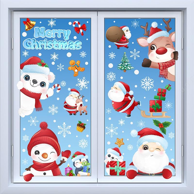 192Pcs Christmas Window Clings for Glass Windows, 9 Sheet Christmas Window Stickers Santa Claus Snowman Reindeer for Xmas Holiday Indoor Decals Party Supplies