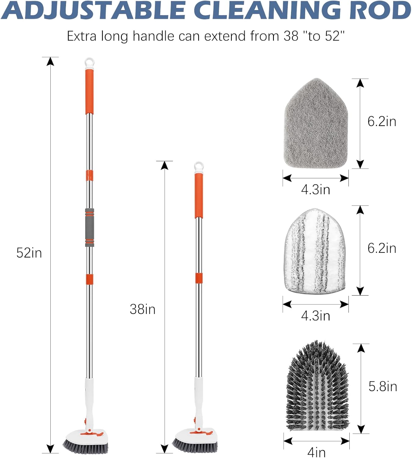 SetSail Floor Scrub Brush, 3-In-1 Tile Tub Floor Scrubber with 52-inch Adjustable Long Handle Shower Cleaner Brush and 3 Detachable Replacement Brush Heads for Cleaning Bathroom Kitchen Walls Tub Tile