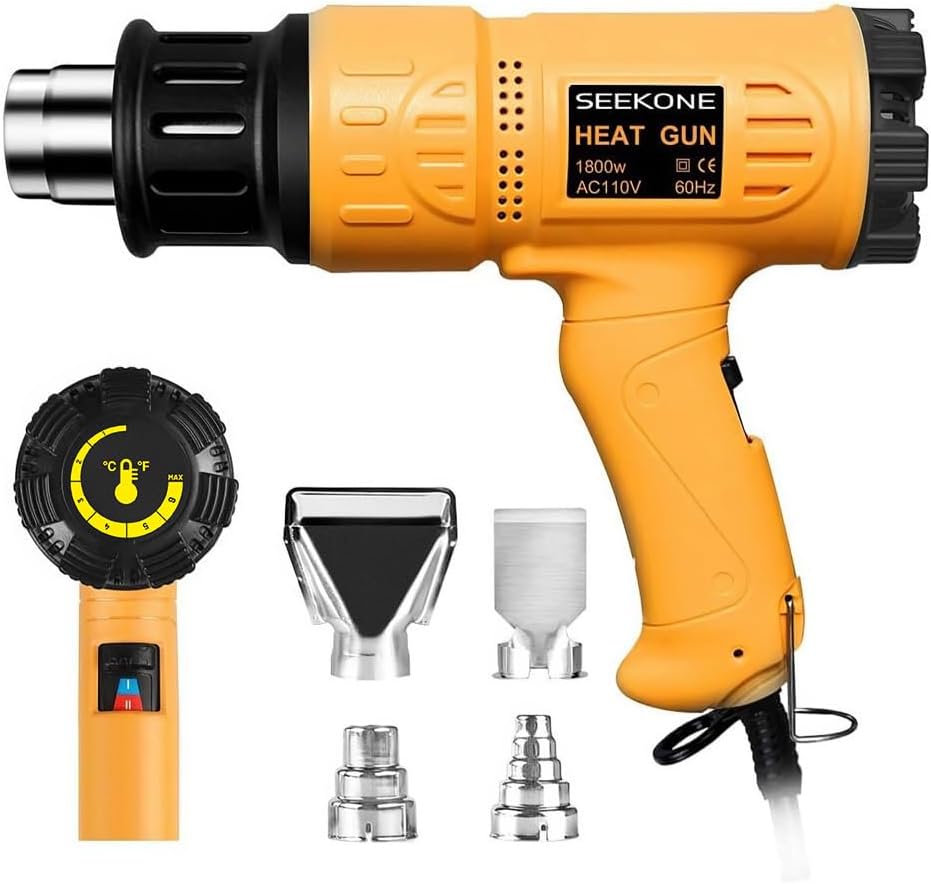 SEEKONE Heat Gun 1800W 122℉-1202℉(50℃- 650℃)Fast Heating Heavy Duty Hot Air Gun Kit Variable Temperature Control Overheat Protection with 4 Nozzles for Crafts, Shrinking PVC, Stripping Paint(5.2FT)