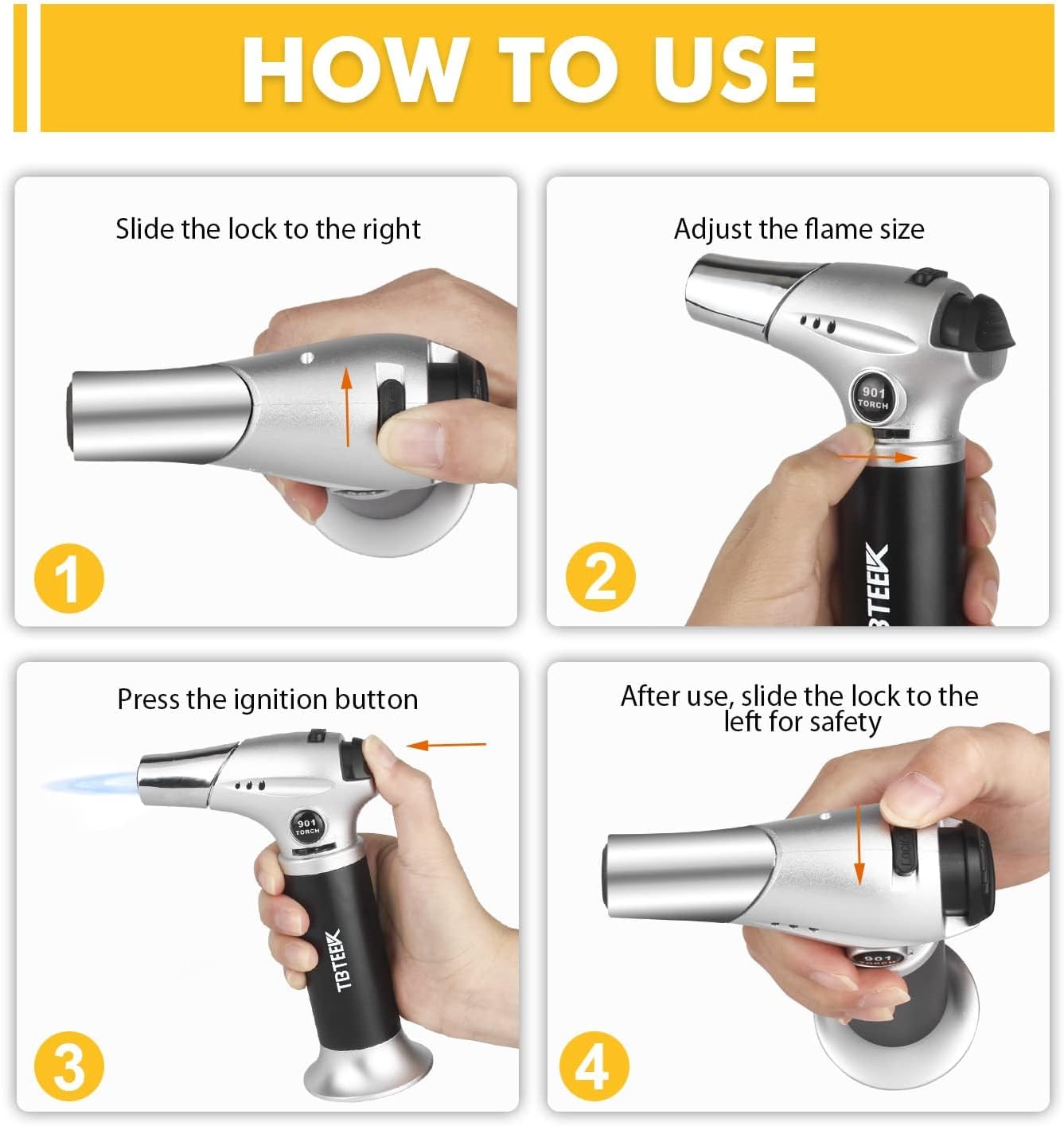 TBTEEK Butane Torch, Kitchen Torch Cooking Torch with Safety Lock & Adjustable Flame for Cooking, BBQ, Baking, Brulee, Creme, DIY Soldering(Butane Not Included)