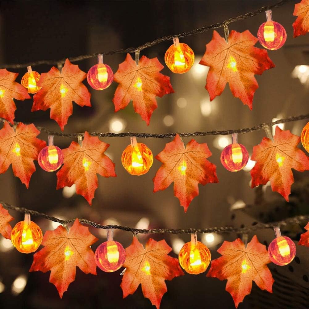3 Pack Fall Garland with Pumpkin Lights & Enlarged Maple Fall Halloween String Lights Pumpkin Decor, 30Ft 60LED Waterproof Battery Operated Fall Decorations for Home Thanksgiving Decor Indoor Outdoor