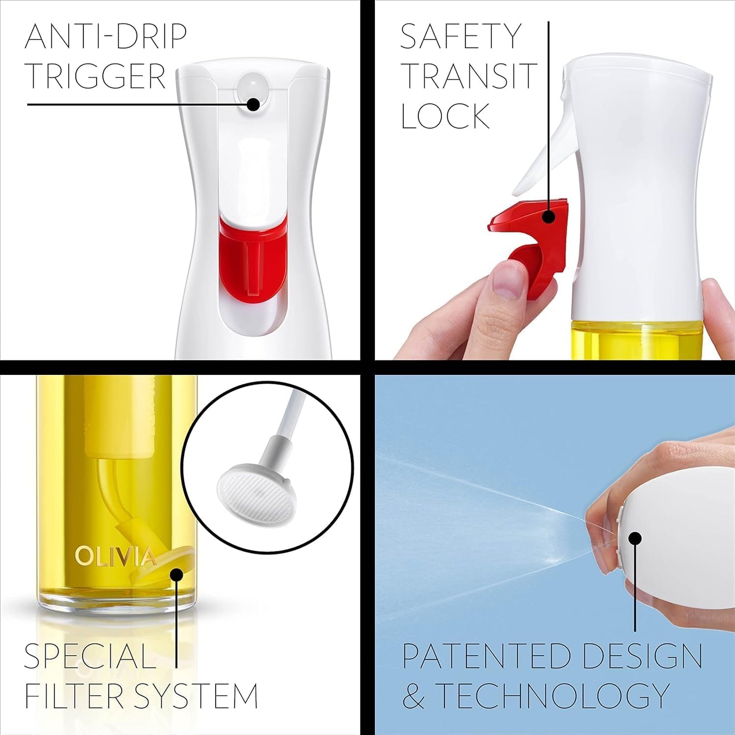 FLAIROSOL OLIVIA. The Original Advanced Oil Sprayer for Cooking, Salads, BBQs and More, Continuous Spray with Portion Control, Trusted by Chefs. Patented Technology. (Glass Bottle) (Gold Print)