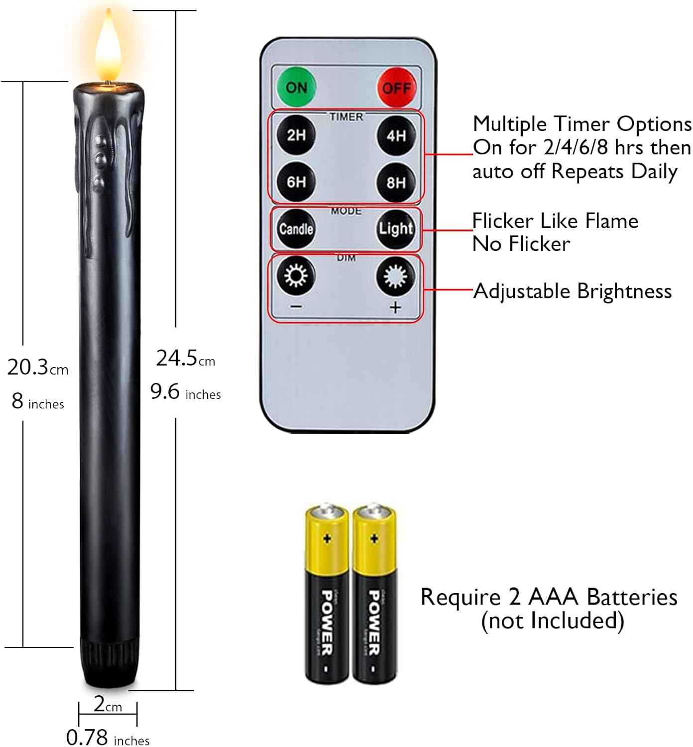 Homemory Black Flameless Taper Candles with Remote and Timer, Real Wax LED Taper Candles Battery Operated, Flickering Candle Sticks for Party Halloween Indoor Decoration, 6 Pcs, 9.6 inches