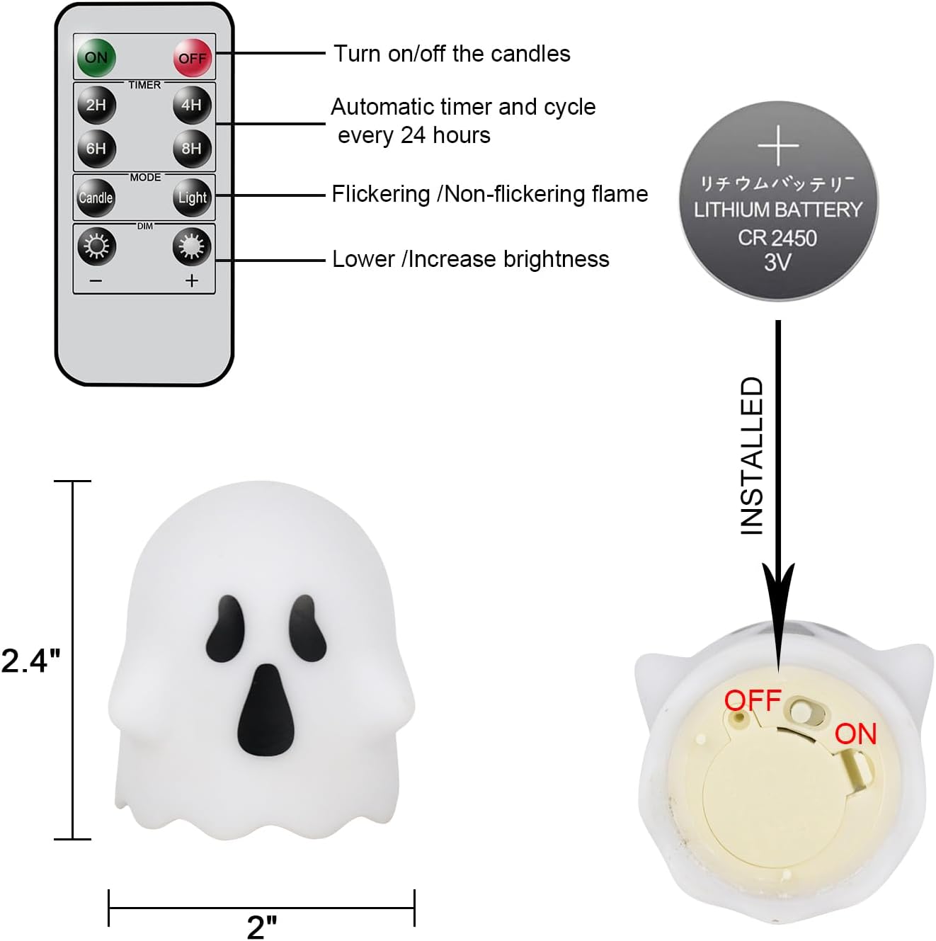 DRomance Halloween Ghost Lights Flameless Candles Battery Operated with Remote and Timer 6 Pack Spooky White LED Votive Candles Dimmable Light Halloween Indoor Decoration(2 x 2.4 Inches)