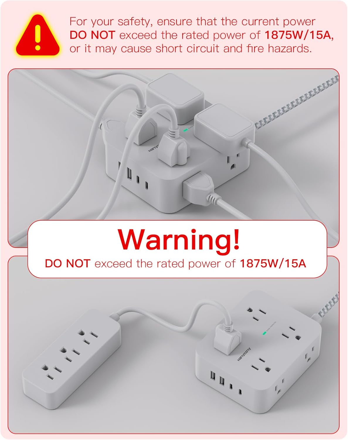 Surge Protector Power Strip - HANYCONY 8 Outlets 4 USB (2 USB C) Charging Ports, Multi Plug Outlet Extender, 5Ft Braided Extension Cord, Flat Plug Wall Mount Desk Charging Station for Home Office ETL