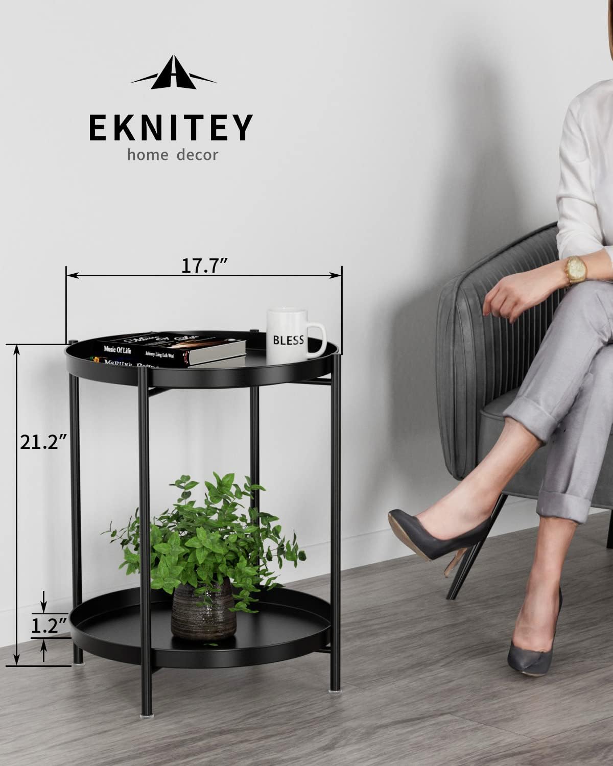 EKNITEY 2 Tier End Table - Metal Side Table Waterproof Small Sofa Coffee Side Tables Bedroom Indoor Outdoor with Removable Tray for Living Room Bedroom Balcony and Office (Black)