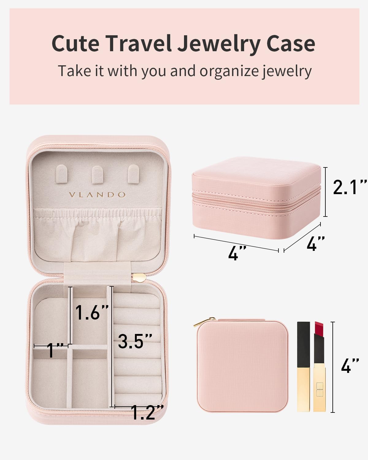 Vlando Travel Jewelry Case - Valentines Day Gifts for Her - Small Jewelry Travel Organizer Box Travel Essentials Gift for Teen Girl Women - Pink