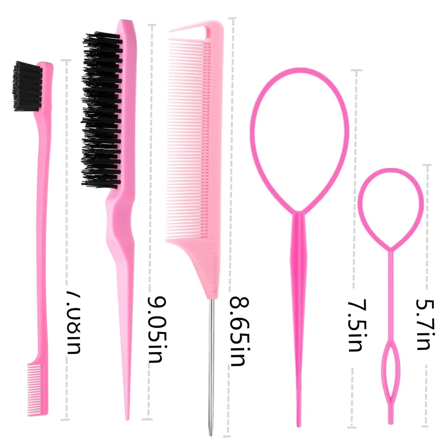 8Pcs Hair Brushes Set with 4Pcs Topsy Hair Tail Tools 1Pcs Bristle Teasing Hair Brush 1Pcs Edge Control Brush 2Pcs Metal Pin Rat Tail Combs for Woman Girl hair Styling,Edge&Back Brushing,Pink