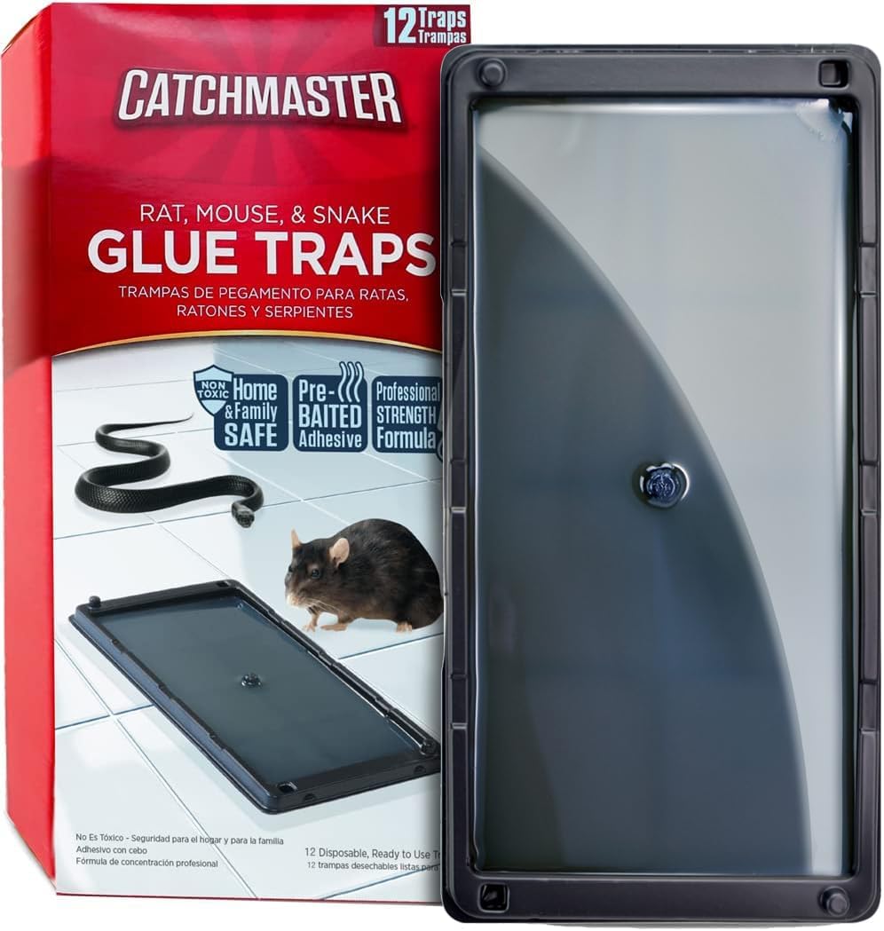 Catchmaster Rat, Snake and Mouse Traps 12Pk, Large Bulk Glue Rat Traps for Home, Pre-Scented Adhesive Plastic Tray for Inside House, Snake, Mice, & Spider Catcher, Pet Safe Pest Control