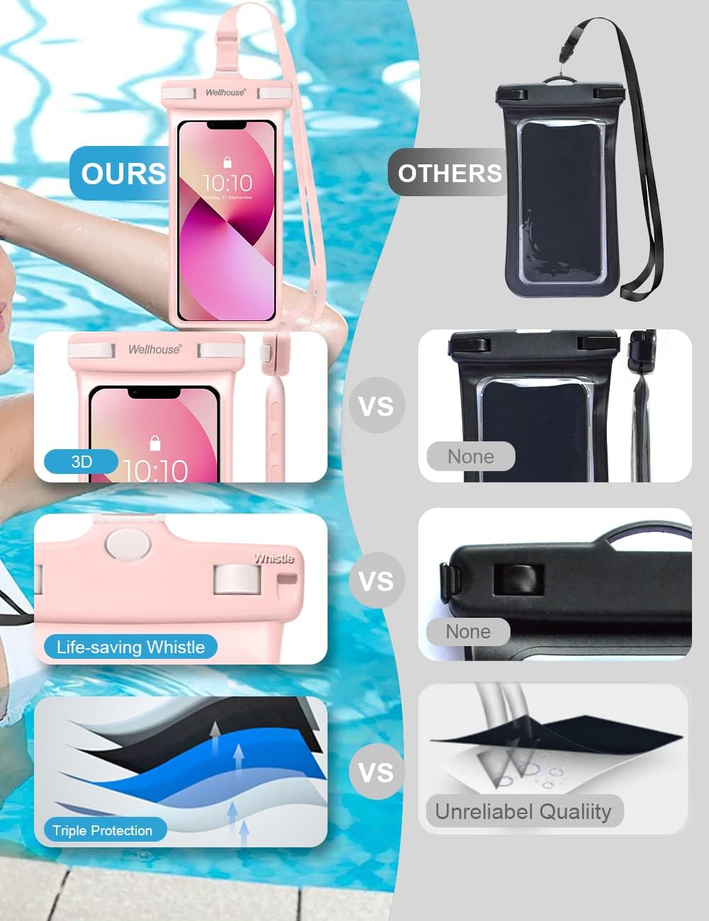 wellhouse Waterproof Phone Pouch, Waterproof Phone Case for iPhone 16 15 14 13 12 Pro Max XS Samsung, IPX8 3D Cellphone Dry Bag Beach Essentials (1 Pack - Pink7.0, 7 inch)