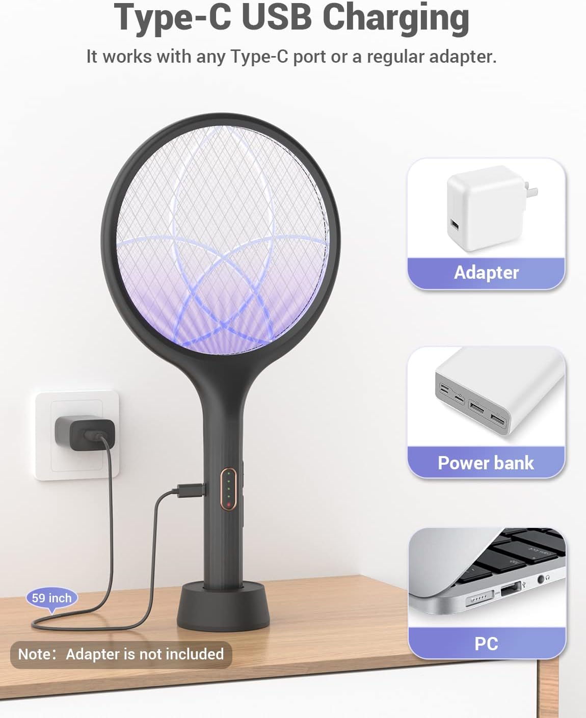 YISSVIC Electric Fly Swatter Bug Zapper Racket Dual Modes Mosquito Killer with Purple Mosquito Light Rechargeable for Indoor Home Office Backyard Patio Camping (Black) (Black-1 Pack)