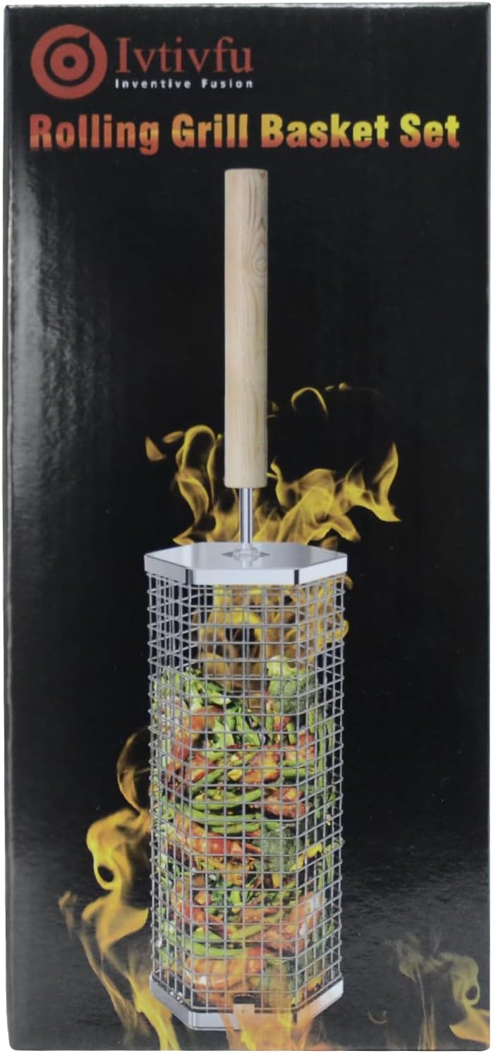 Rolling Grill Basket, Removable Wooden Handle, 304 Stainless Steel, Nesting Grilling Tools, Smoker BBQ Accessories for Vegetable, Outdoor Cooking Camping, Birthday Gifts for Men Dad Husband