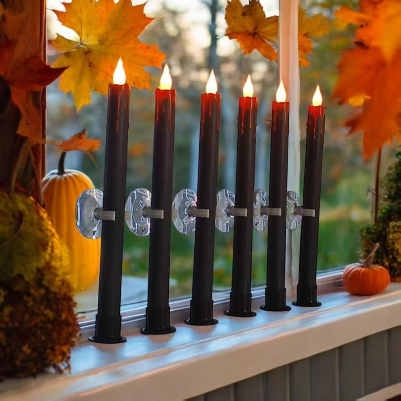 Halloween LED Flameless Taper Candles Black Red Drip with Remote Timer, 6 Pcs Candlesticks with 3D Flickering Flame for Home Fall Indoor Decorations(0.85 x 10.6 Inches)