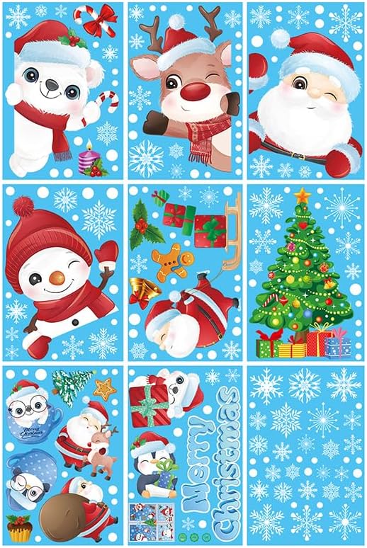 192Pcs Christmas Window Clings for Glass Windows, 9 Sheet Christmas Window Stickers Santa Claus Snowman Reindeer for Xmas Holiday Indoor Decals Party Supplies