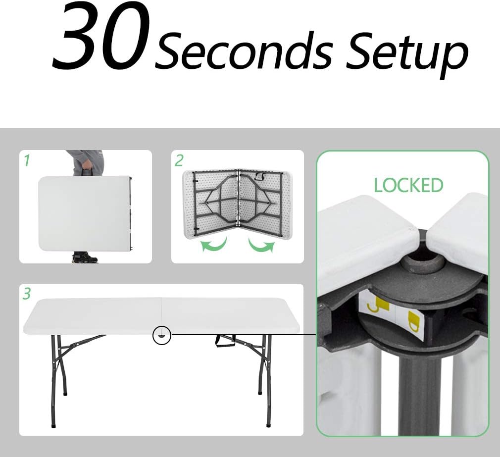 6FT Picnic Table Folding Table Camping Table Plastic Table Fold Up Table Lock for Party Event,White