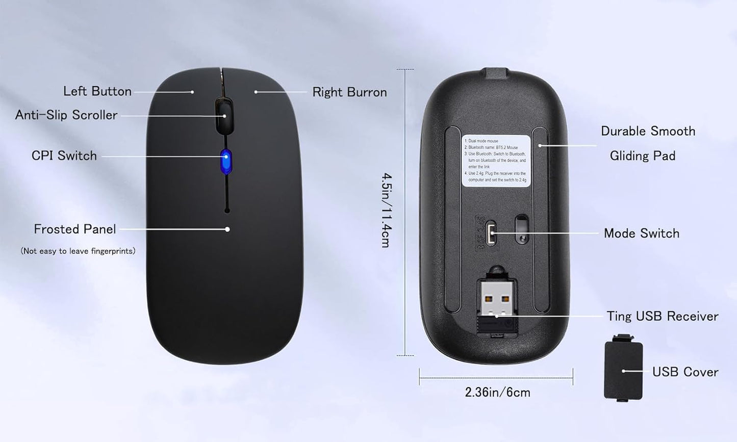 Wireless Bluetooth Mouse Rechargeable Laptop Mice with LED Use Portable(BT5.2 and USB 2.4G) Dual Mode Connection Silent Slim Computer Mouse for Laptop/iPad Tablet/Apple MacBook/PC (Black)