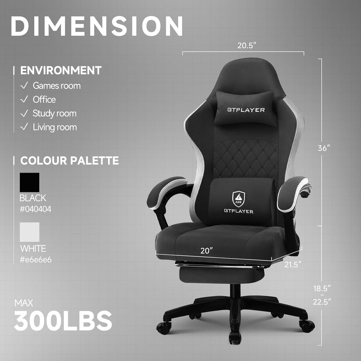 GTPLAYER Office Chair, Gaming Computer Desk Fabric Chair with Footrest, High Back Ergonomic Office Chair with Pocket Spring Lumbar Support and Linkage Armrests Adjustable Height Swivel for Home Task
