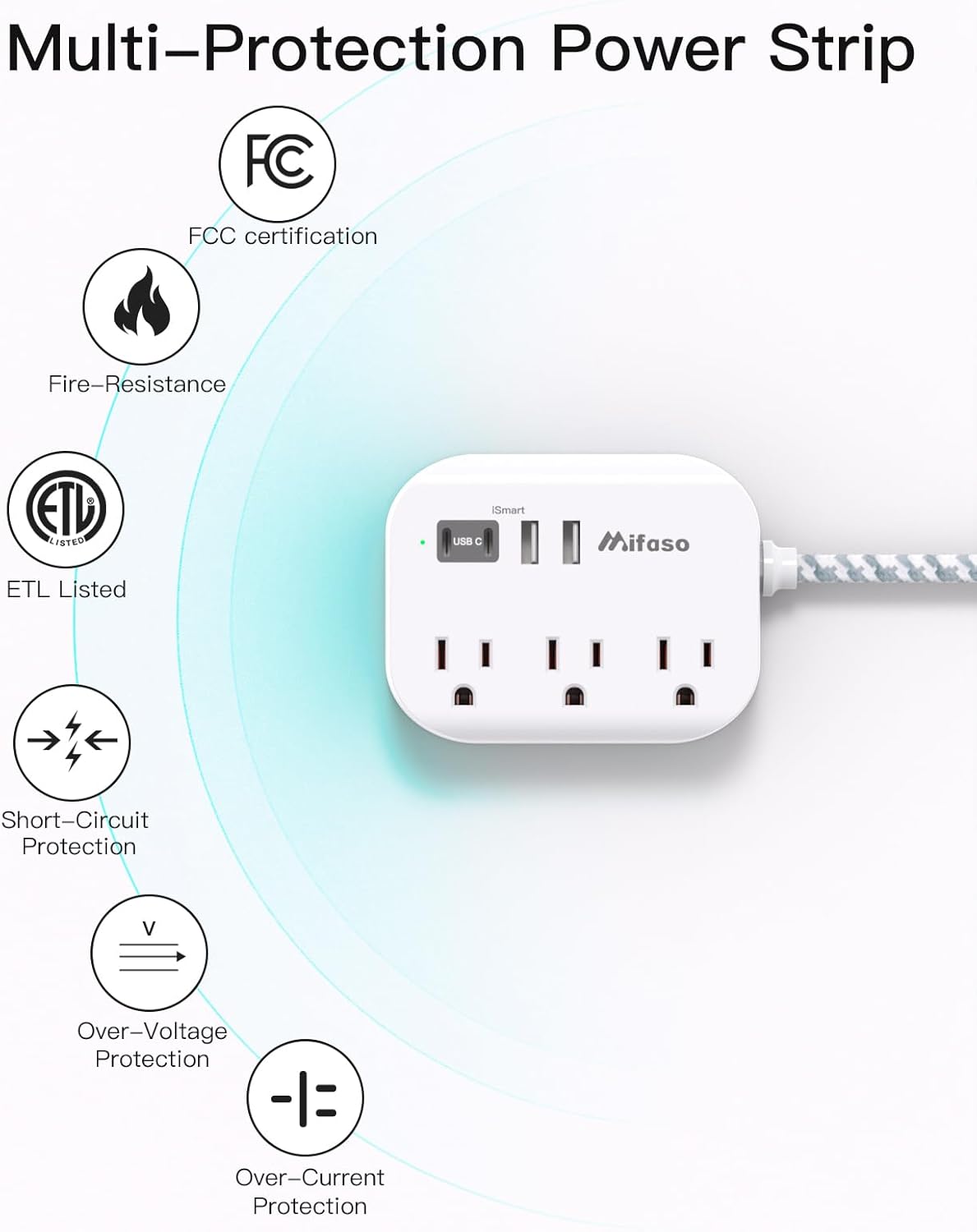 Cruise Ship Essentials - Mifaso Power Strip with USB Ports, 5Ft Flat Extension Cord with Multiple Outlets, USB Charging Station with Non Surge Protector for Cruise Ship, Travel, Dorm Room Essentials