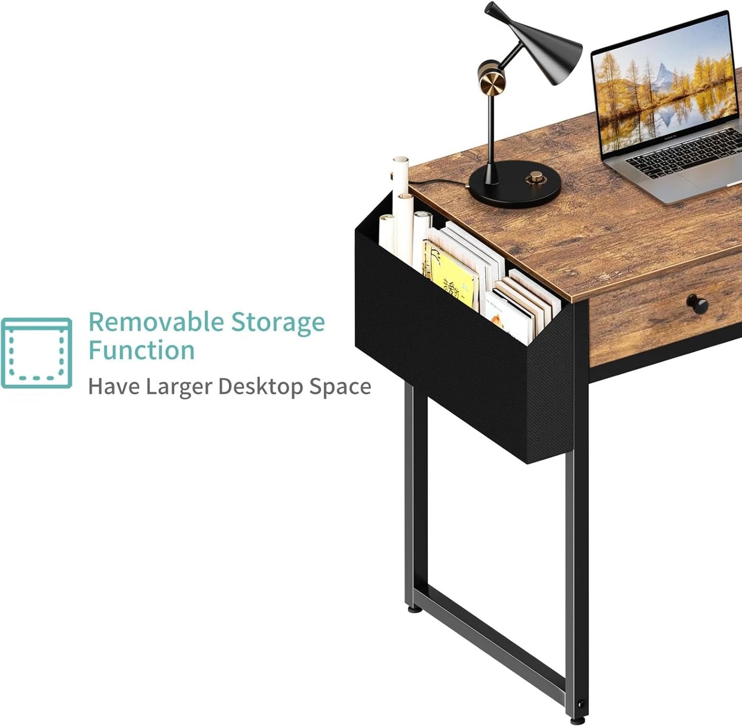 Lufeiya Small Computer Desk with 2 Drawers for Bedroom, 31 Inch Home Office Desk with Storage Fabric Drawer and Bag, Study Writing Table for Small Spaces, Rustic Brown