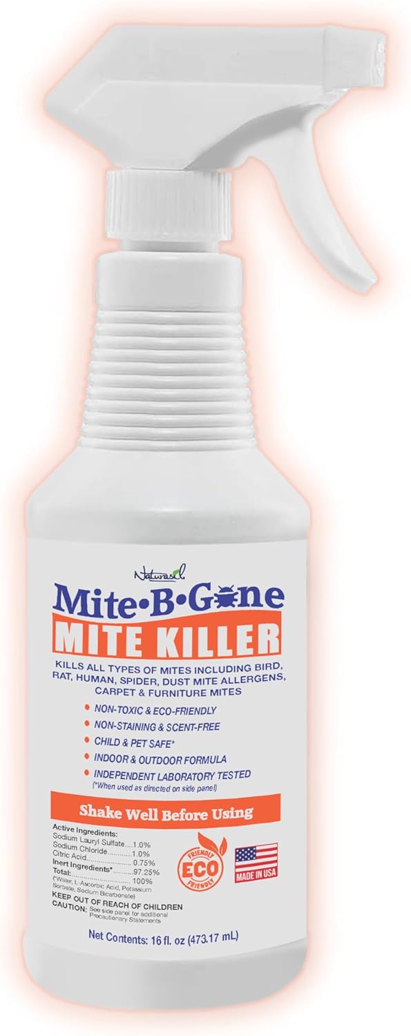 Mite Killer Spray by Mite-B-Gone — Kills Human Mites, Bird, Dust, Spider, Rat, Turkey, Carpet Mites. Treatment for Homes, Furniture, Bedding, Auto & Animals | Non-Toxic | Kid & Pet Safe | 16oz Spray