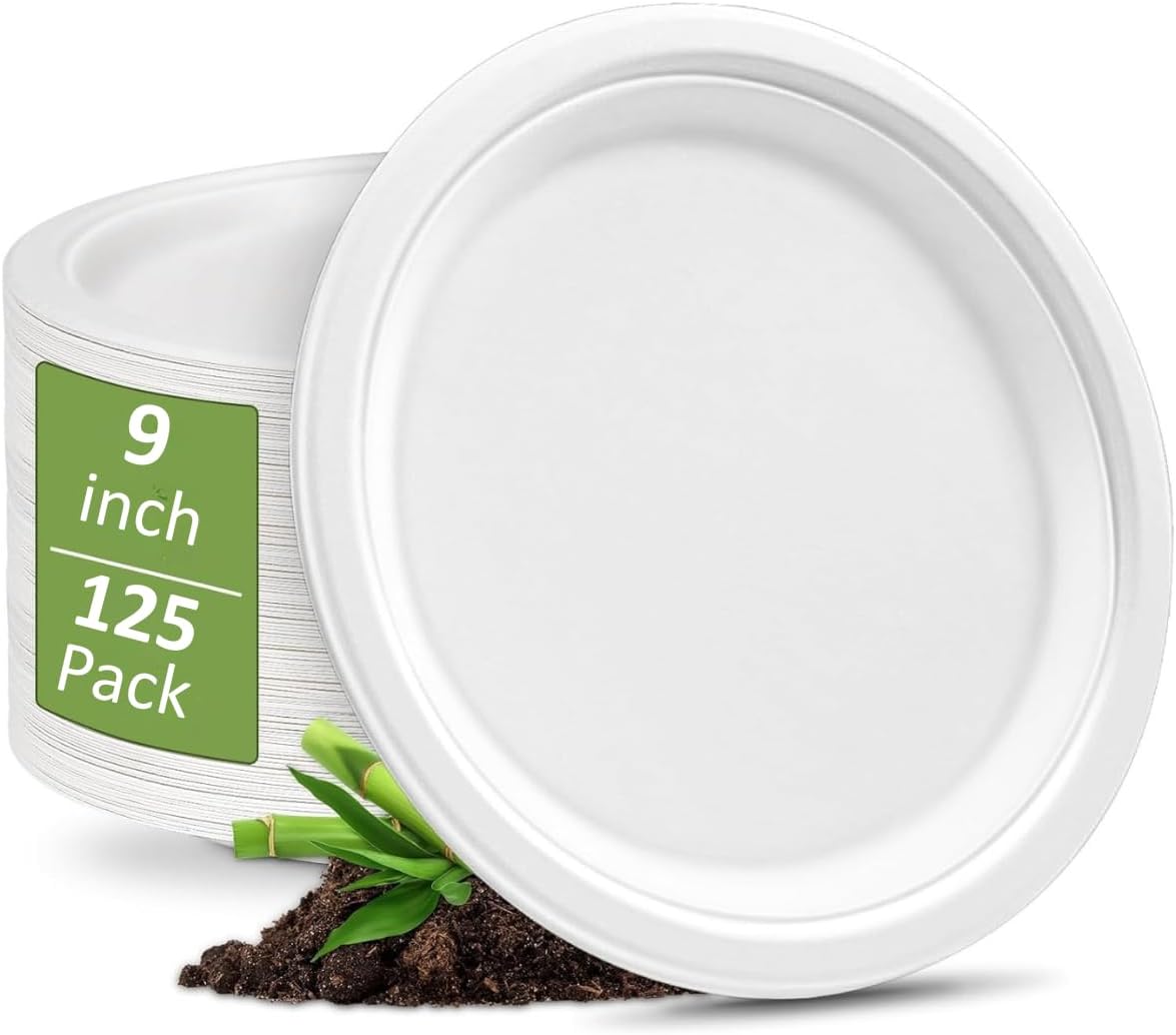 100% Compostable 5X Stronger Round 9-Inch 125 Count & 10-Inch 150Count Paper Plates| Disposable Biodegradable Bagasse Microwave-Safe, Soak-Proof, Cut & Leak Resistant Plates For Everyday Meals BBQs & Parties