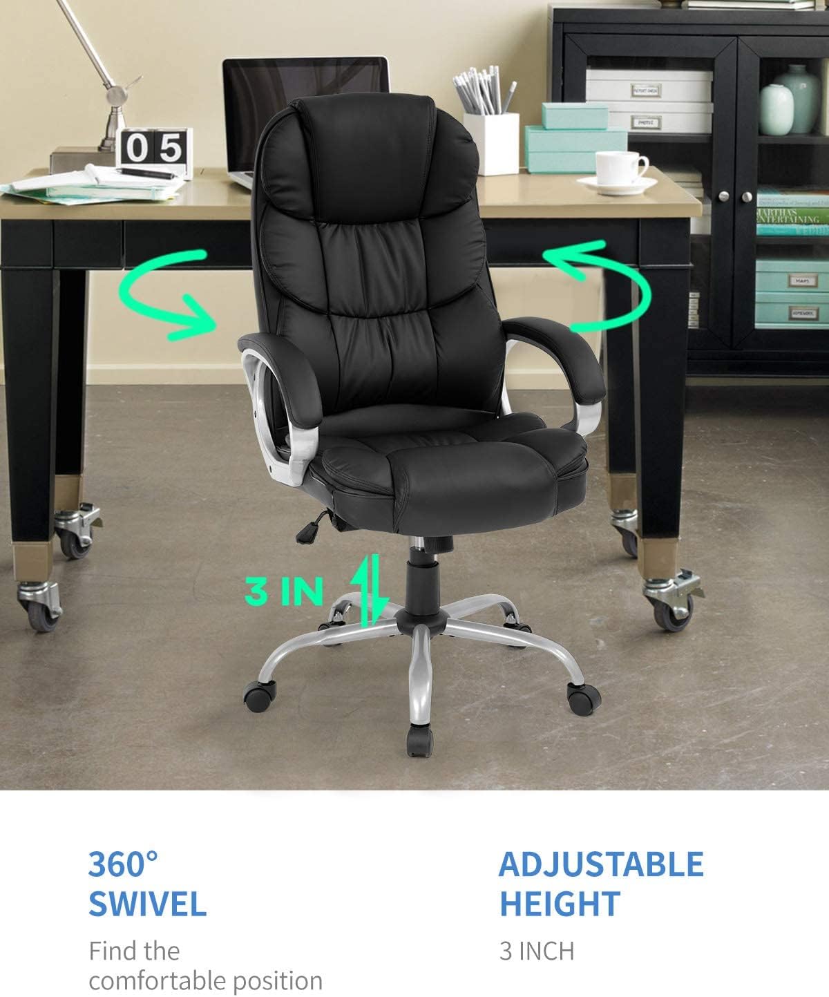 FDW Office Chair Computer High Back Adjustable Ergonomic Desk Chair Executive PU Leather Swivel Task Chair with Armrests Lumbar Support (Black)