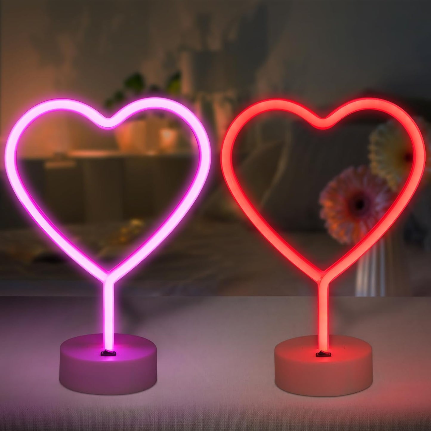 BRIGHTDECK 2 Pack Heart Neon Signs, LED Neon Sign Battery Operated or USB Powered Valentine's Day Decorations, Neon Lights Heart Decor for Valentine's Day Gifts, Wedding, Party, Pink Room Decor