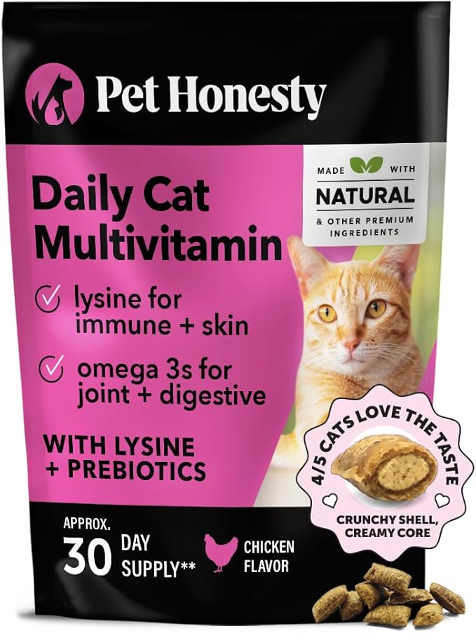 Cat Multivitamin Crunchy & Creamy Chews - Cat Treats for Health + Immune, Joint Support, Skin & Coat, & Digestion - Vitamins with Omega 3s, Lysine & Probiotics (30 Day Supply)