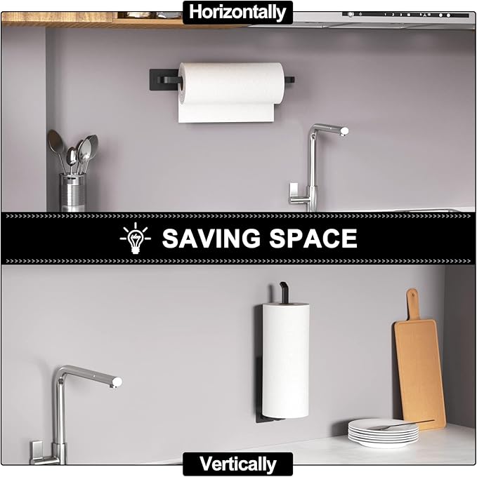 Paper Towel Holder - Self-Adhesive or Drilling, Matte Black, Upgraded Aluminum Kitchen Roll Dispenser Under Cabinet, Lighter but Stronger Than Stainless Steel!