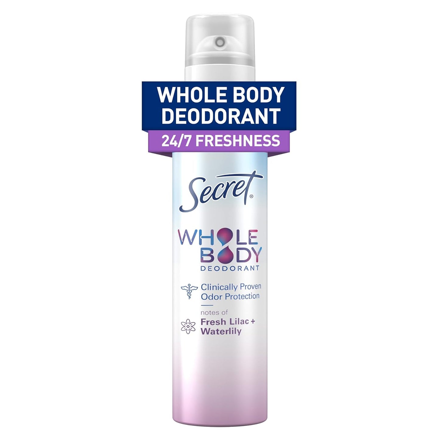 Secret Whole Body Deodorant Spray for Women, Lilac & Waterlily Scent, Aluminum Free Deodorant Spray, 72 HR Odor Protection, 3.5 oz