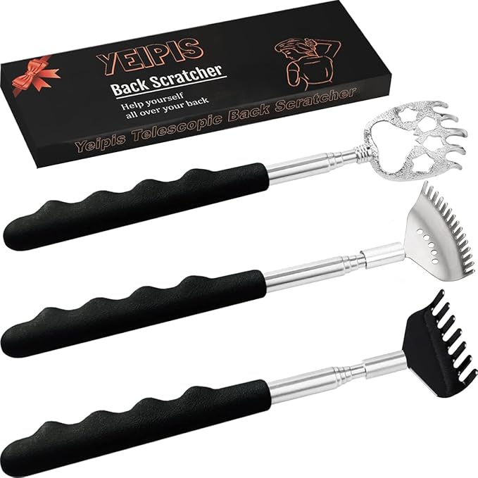 3 Pack Different Back Scratcher Metal Portable Telescoping with Rubber Handles, Extendable Back Massager Tool with Beautiful Box, Stocking Stuffers for Men Women Kids Adults (Black)