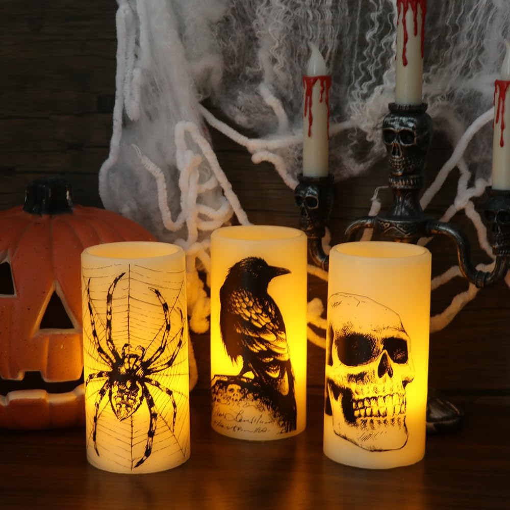 Eldnacele Halloween LED Flameless Flickering Candles Battery Operated with 6H Timer Skull Spider Web Crow Raven Spooky Decals Halloween Themed Indoor Decoration(3 Pack, D3 x H6)