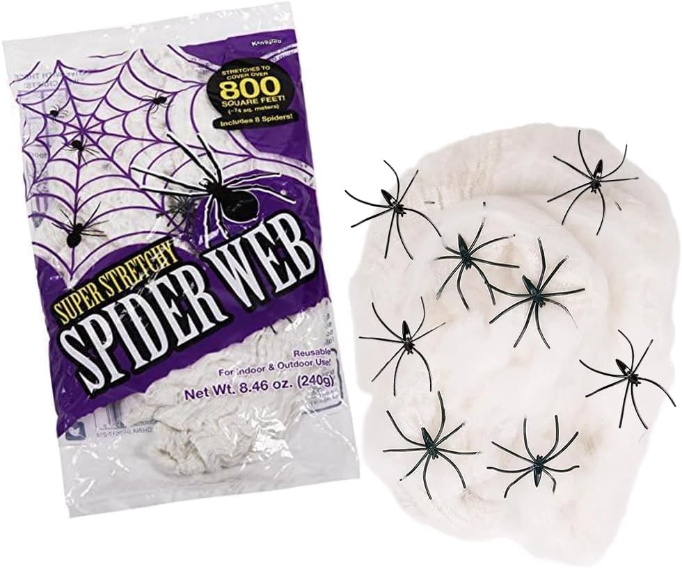 Kangaroo 200 sq. Ft Fake Spider Webs Decorations - Spiderweb Webbing Halloween Cobwebs Decor - Scary Halloween Decor Indoor Outdoor Party Wall, Graveyard Decoration Props - 4 Fake Spiders Included