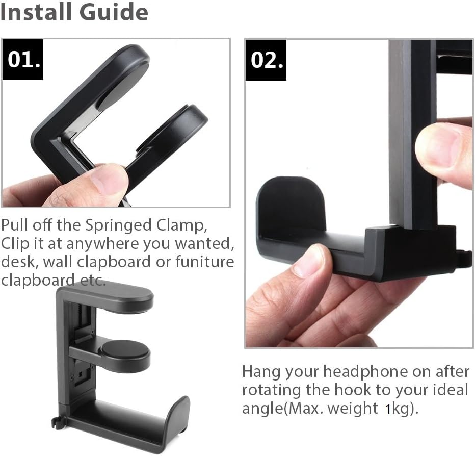 EURPMASK Rotating Headphone Stand - PC Gaming Headset Holder, Adjustable Clamp-on Under Desk Hanger With 360 Degree Swivel & Cable Clip Organizer - Black