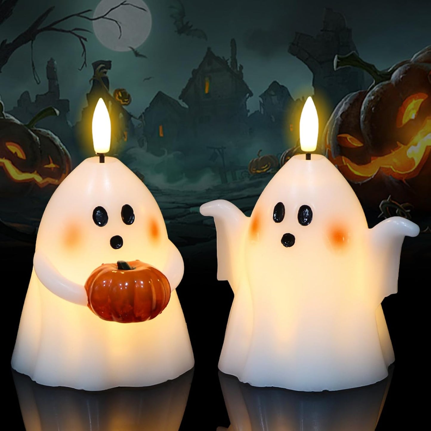Wondise Halloween Flameless Candles with 6hrs Timer Spooky Ghost, Battery Operated Candles Halloween 3D Flickering Wick Real Wax 2 Packs Halloween Candles for Halloween Decoration Gift (D 3.5" x H 5"