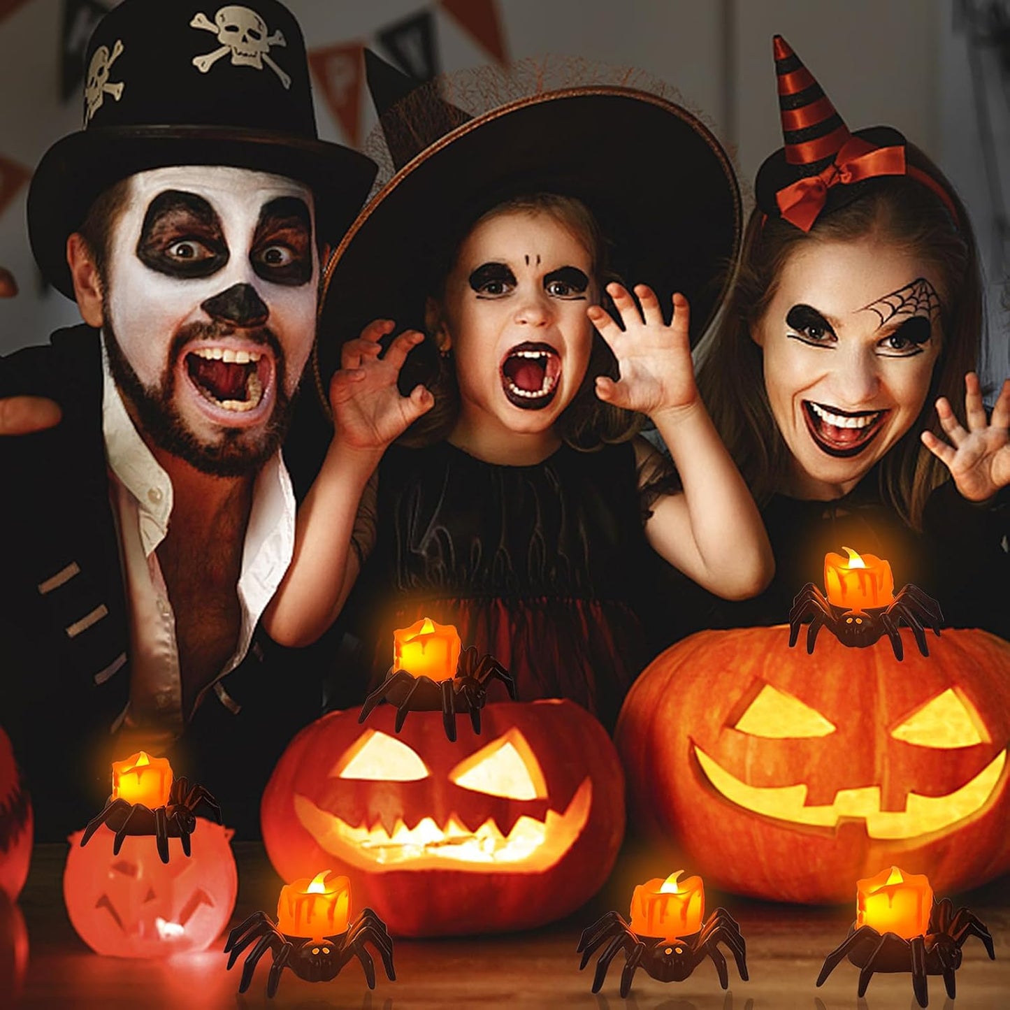 FOIMAS 6 PCS Halloween Tea Lights Candles,Halloween Flameless Candles Halloween Spider Tealights Spooky Flickering Fake Candles for Halloween Party Decorations, Black