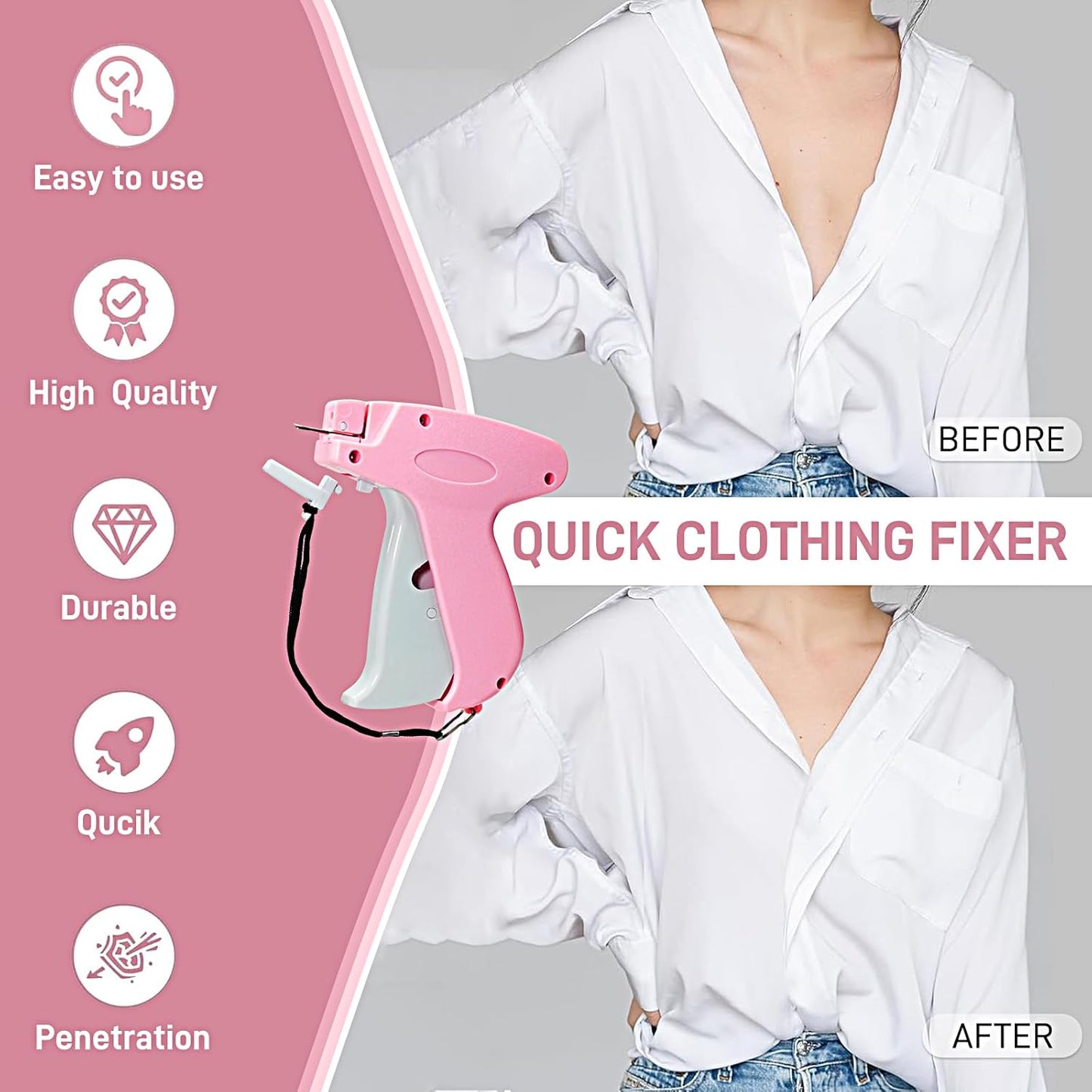 Stitch Gun for Clothes, Handheld Stitch Gun Quick Clothing Fixer,Sewing Kit Includes 1,000 Black Fasteners & 1,000 White Fasteners & 6 Needles,Tagging Gun(Pink)