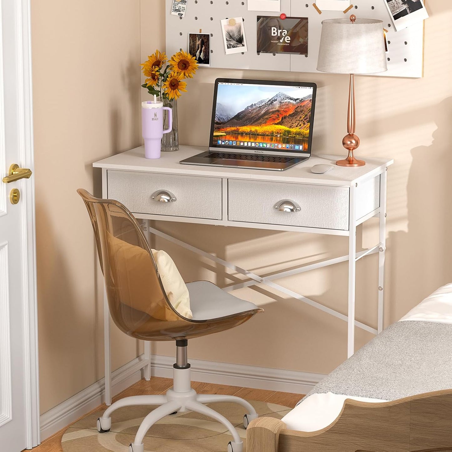 Small Writing Desk for Kids Bedroom, 31.5 Inch White Computer Desk for Small Spaces, Simple Desk with 2 Fabric Drawers for Home Office, Dorm, Living Room, Home Study Table, White